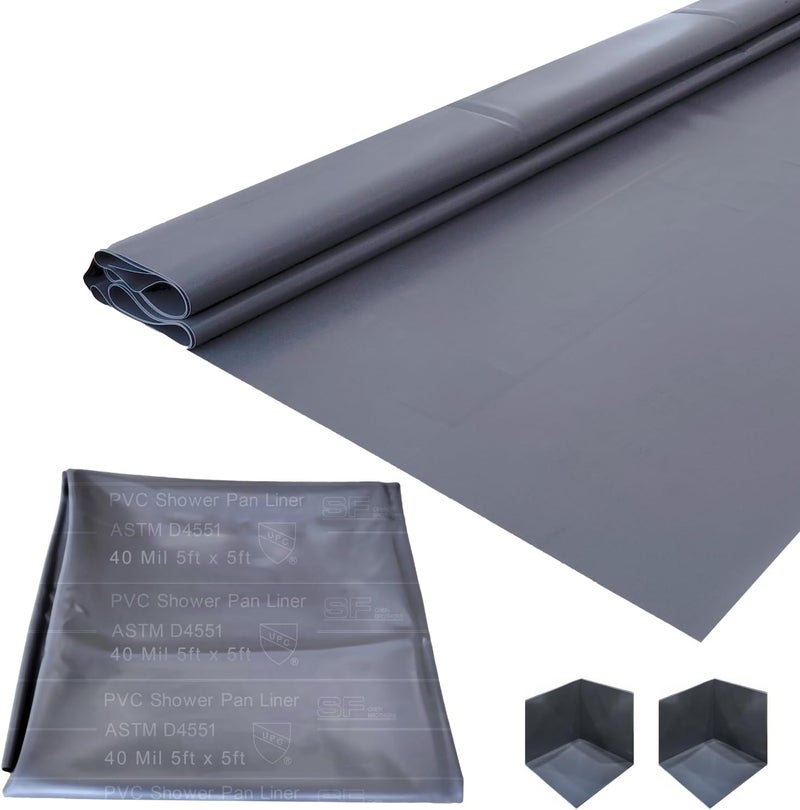 Torcia شريحة بطانة دش SINGFORM بسماكة 40 مل 5' x 5' مع 2 سدادات زاوية | غشاء عازل للماء من PVC لقاعدة الدش والمطبخ، متين للغاية، رمادي - Image 1